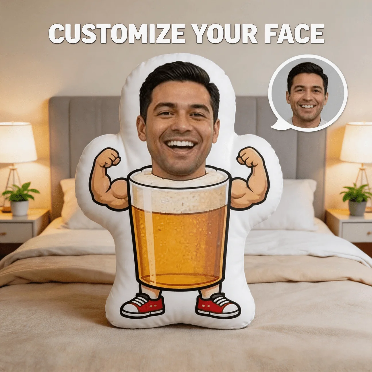 Custom Face Beer Mug Shaped Pillow, Personalized Photo Decorative Cushion with Muscular Arms And Red Sneakers, 60CM Large Size A