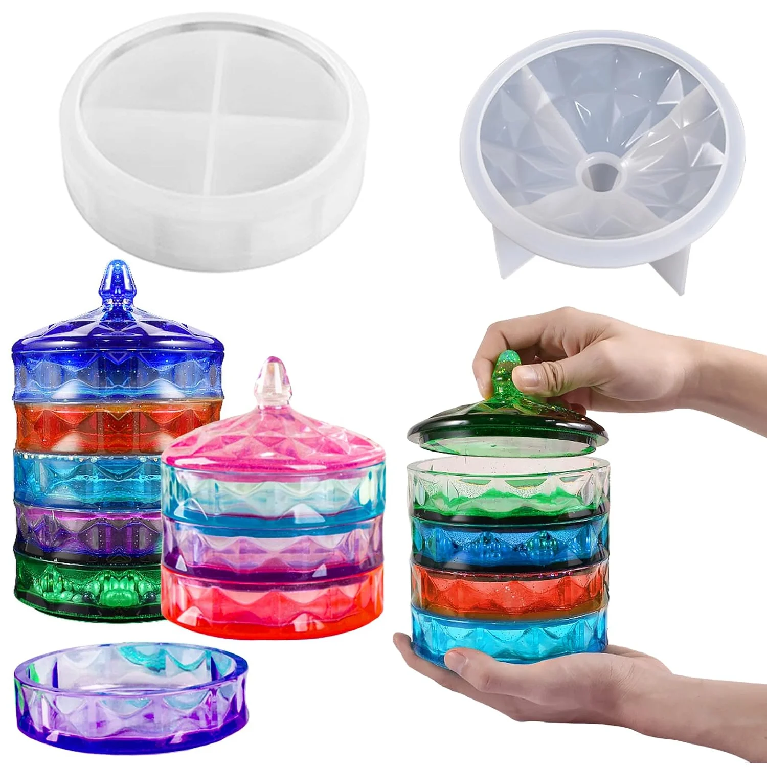 DIY Multi-Layer Storage Box Silicone Mold with Lid Epoxy Casting Jar Box Resin Mold Stackable Jewelry Box Organizer Home Decor