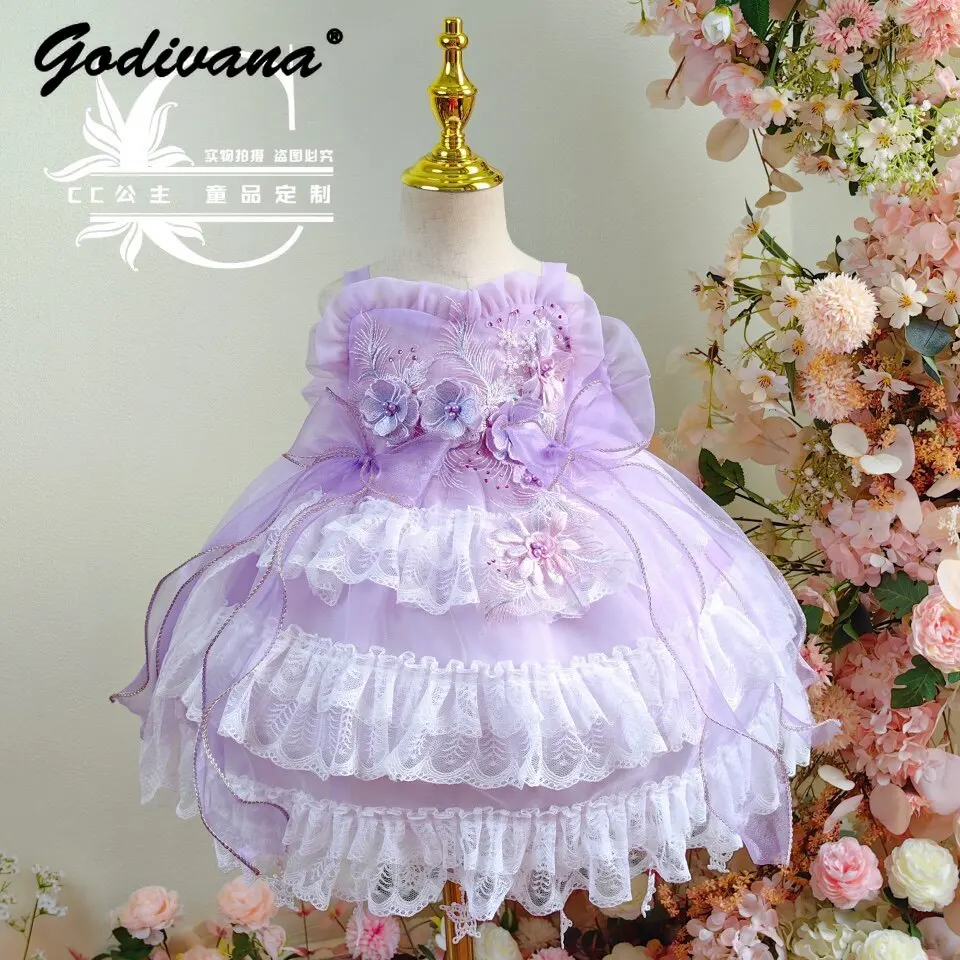 Original Sweet Baby Girls Elegant Purple Lolita Princess Dress Kids Summer New Pearls Lace Mesh 3D Floral Performance Ball Gown