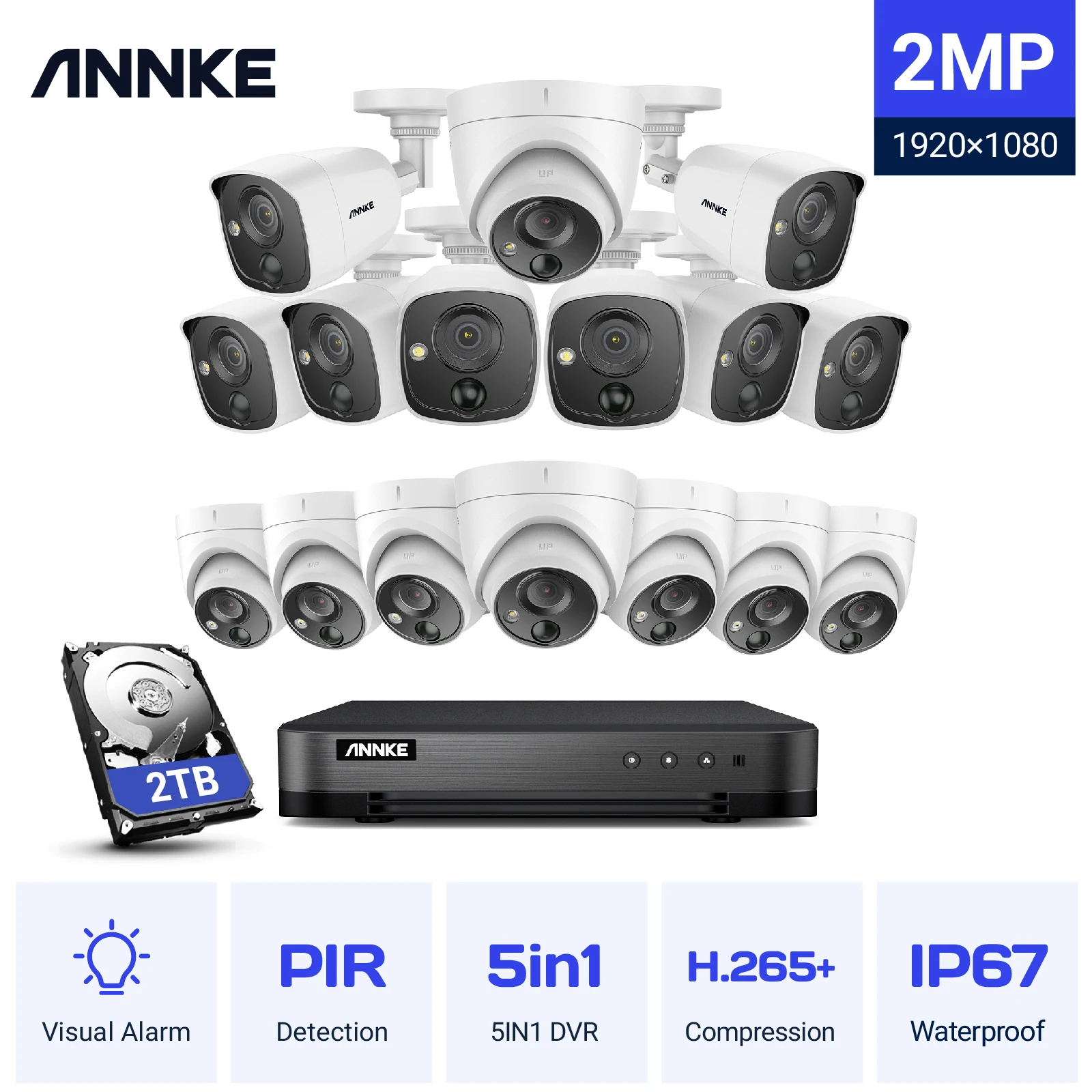 

Annke 2MP Security Camera System H.265+ 16CH DVR Surveillance with 16X 2MP PIR Outdoor Cameras IP67 Weatherproof Security Kit