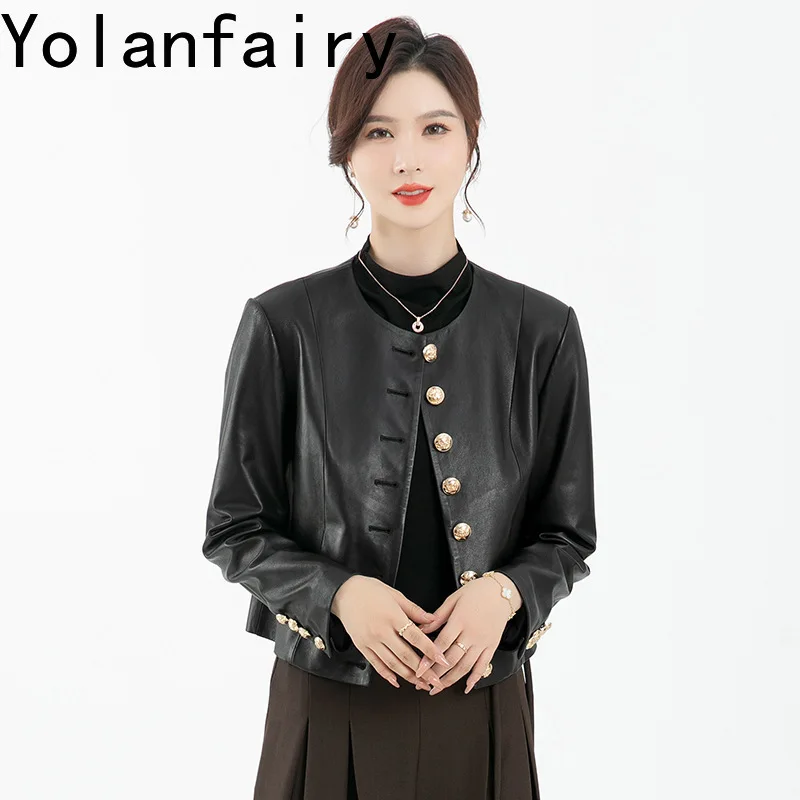 

YOLANFAIRY Sheepskin Genuine Leather Round Neck Vintage Jacket Autumn Women Clothing Short Xiaoxiangfeng Outerwear Chaquetas