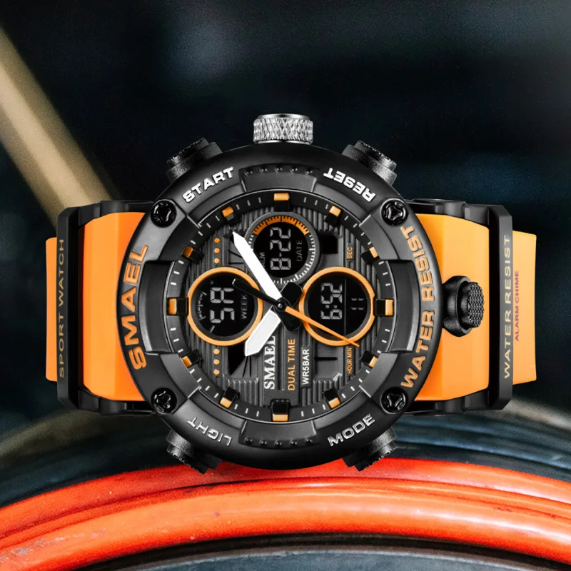 ساعة SMAEL الرياضية للرجال كوارتز LED ساعة توقيت رقمية بمينا كبير وساعة يد مقاومة للماء وعرض مزدوج للوقت