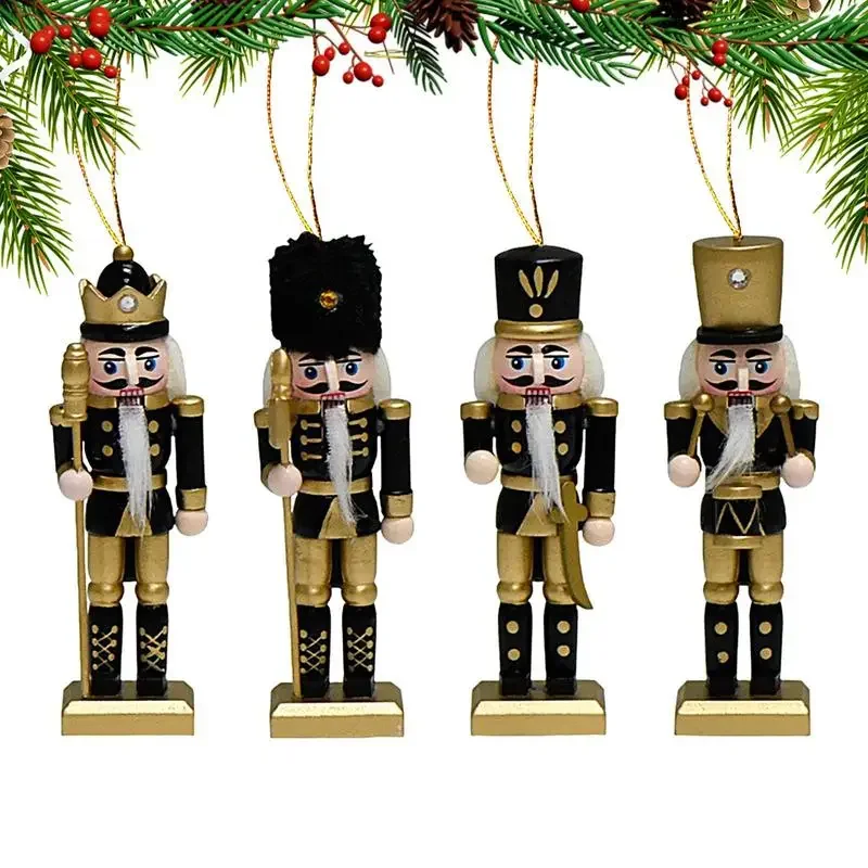 Christmas Nutcracker Wood Ornaments 4X Christmas Nutcracker Ornament Tree Pendant Seasonal Decor Black Gold Soldier Photography