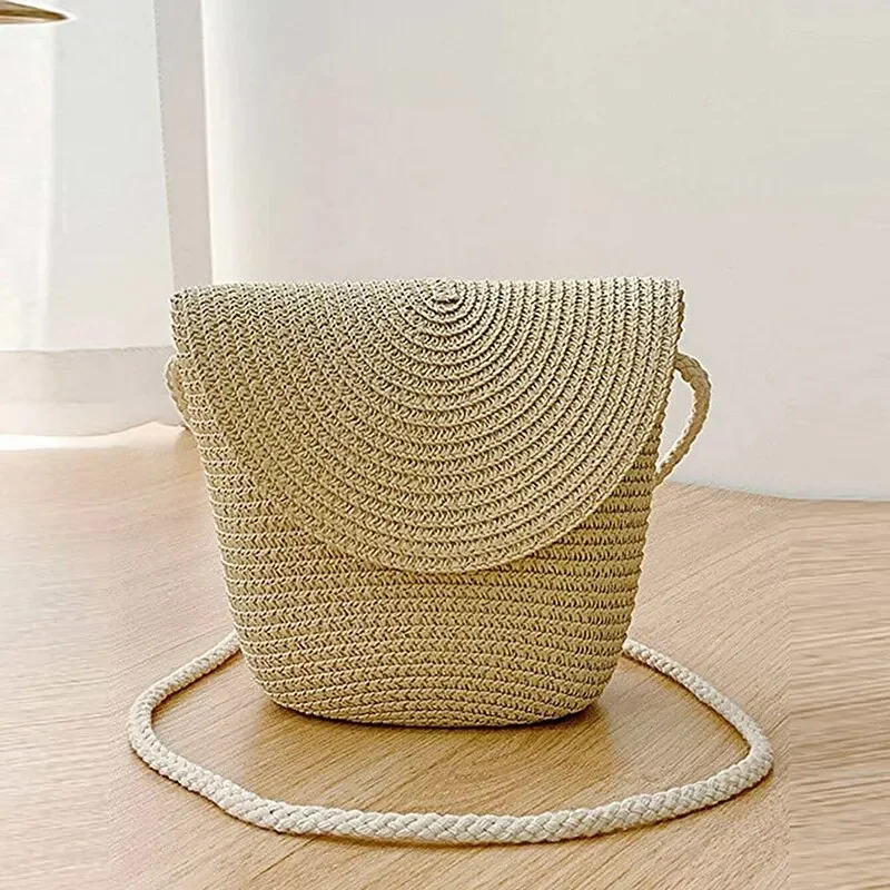 Flip Bag Straw Shoulder Bag Women Woven Beach Crossbody Bag for Ladies Cute Shoulder Rattan Handmade Knitted Solid Color Handbag