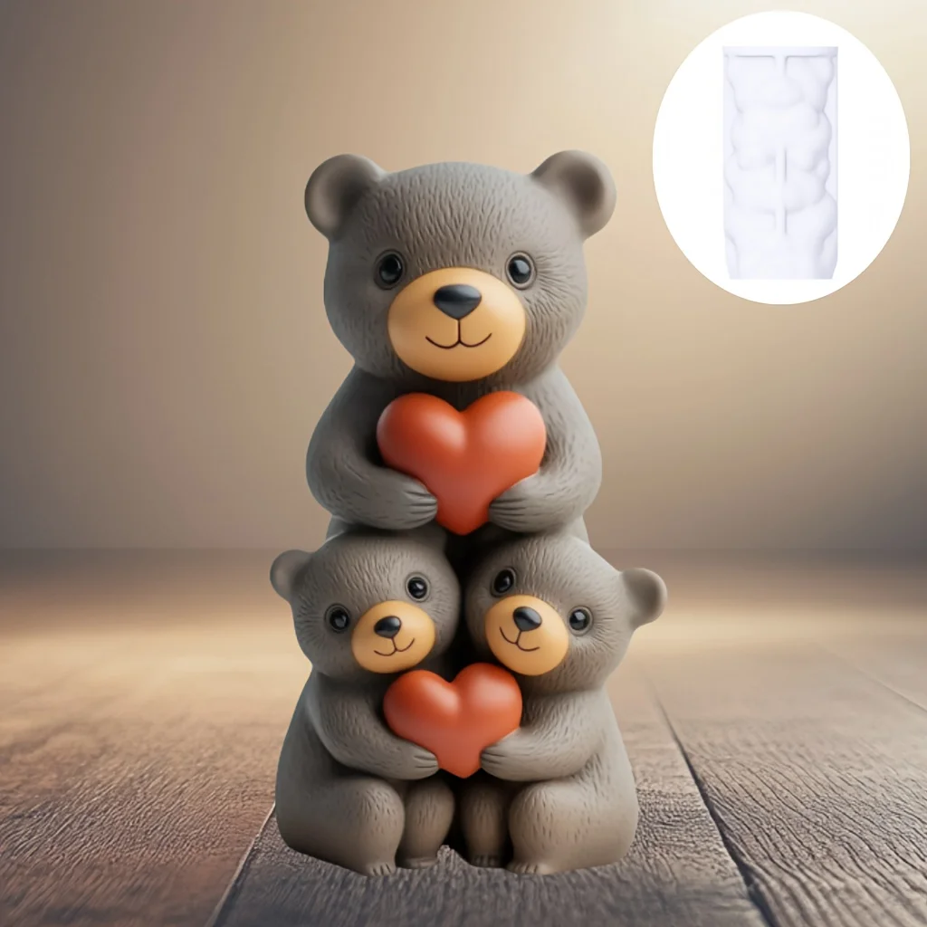 Molde de silicona para vela de oso apilado de amor, oso marrón, familia sosteniendo corazón, molde de resina de oso apilado, molde para vela de corazón de mamá