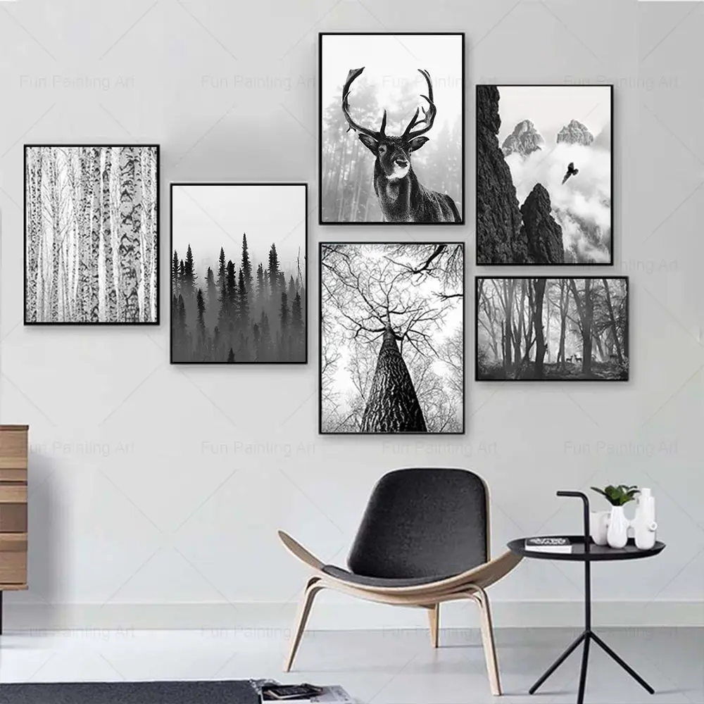 Scandinavian Trees Deer Poster Forest Landscape Wall Art Canvas Painting Modern Black White Pictures Living Room Home Decoration