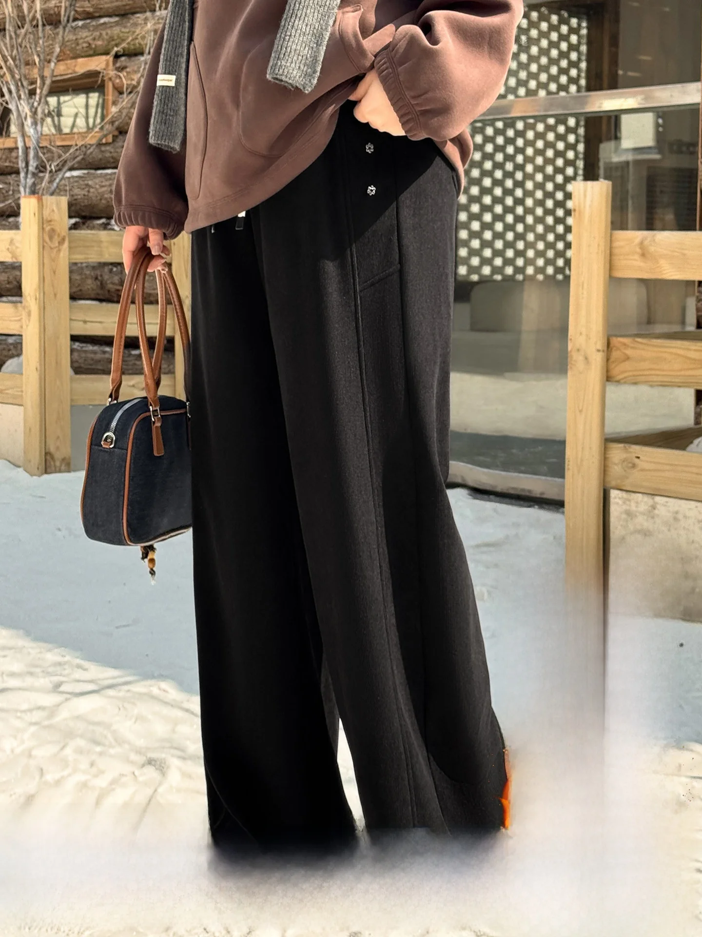 

High Waist Wide Leg Pants plus Size Women's Fleece Lined Loose Fit Spring Casual Trousers 460g Decorative Rivets Straight Cut