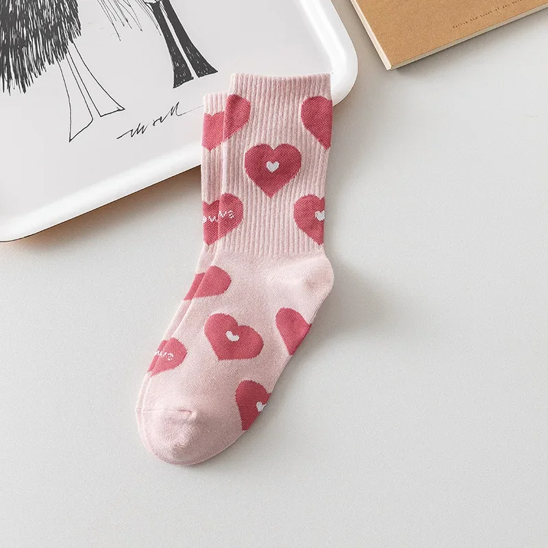 Spring Autumn Pink Letter Love Strawberry Socks Women Fashion Versatile Japanese Cute Ins Trendy Long Socks Medium Socks