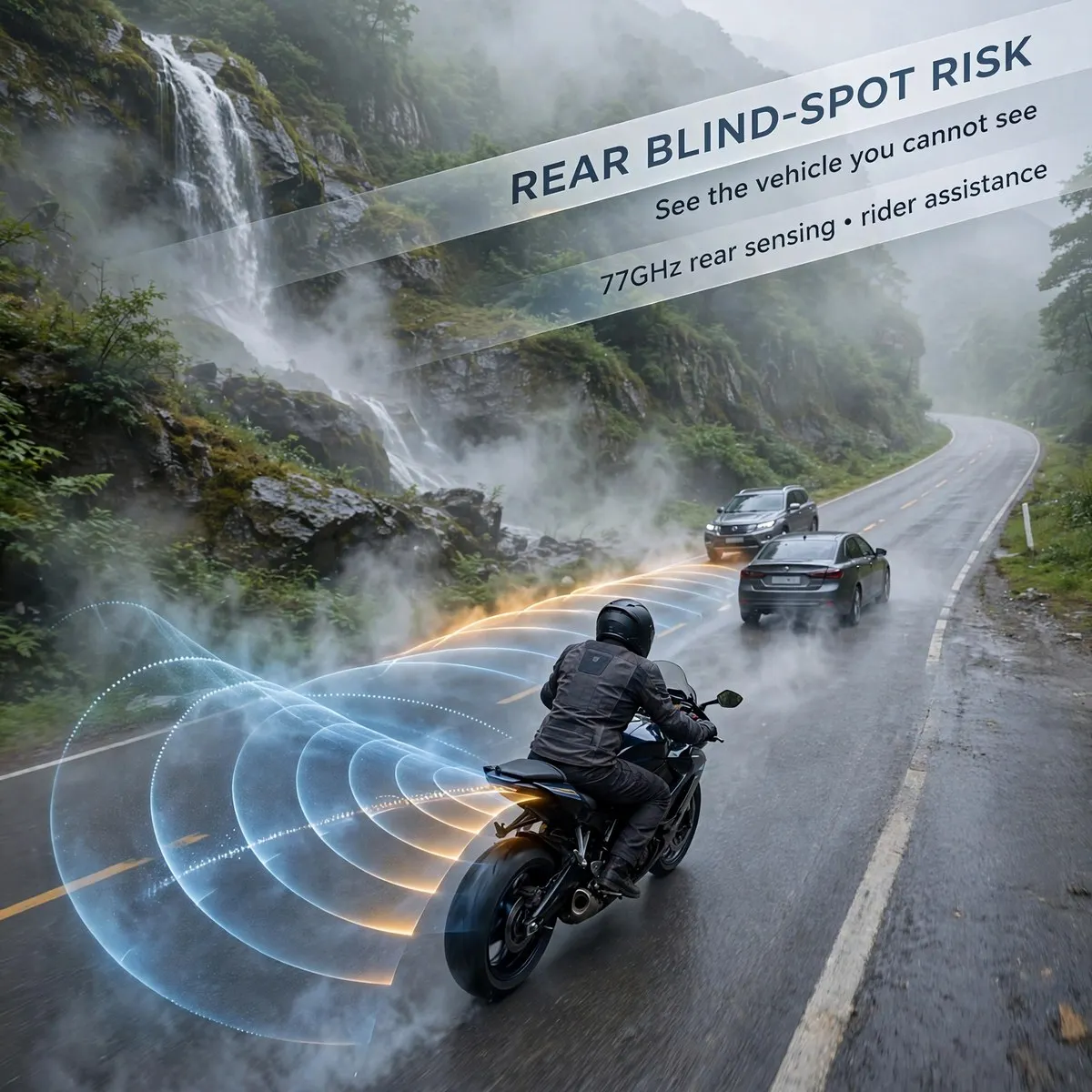 77GHz Motorcycle Blind Spot Monitoring Radar System with Dual LED Warning Indicators – Up to 70m Rear Detection, BSD 8.4m, LCA 5