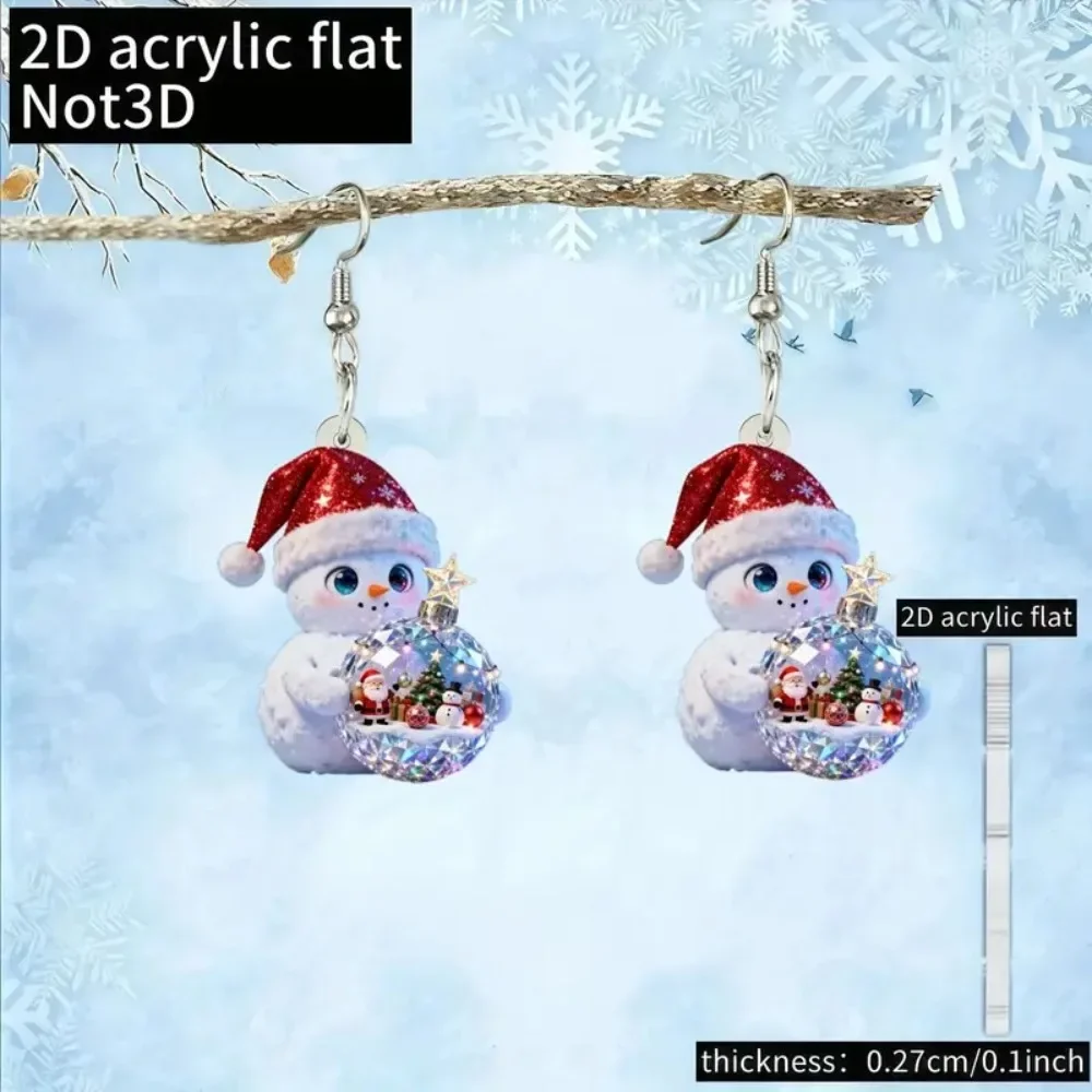 Christmas Earrings 2D Flat Acrylic Cute Cartoon Bohemian Snowman Earrings Mini Snowball Style Party Jewelry Accessory Gift Decor