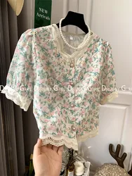 Elegant V-Neck Lace Printed Ruffles Puff Sleeve Blouse Summer Casual Tops Loose Women's Clothing Commute Shirt