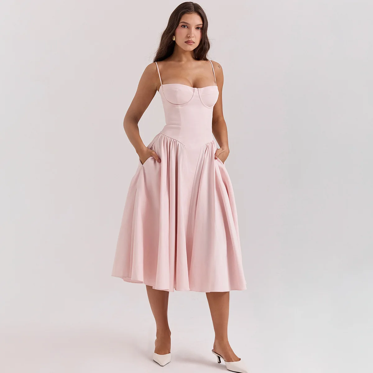 Mingmingxi-vestido elegante para verano, vestido Midi rosa con tirantes finos y bolsillo, vestidos largos de fiesta, ropa de vacaciones para mujer