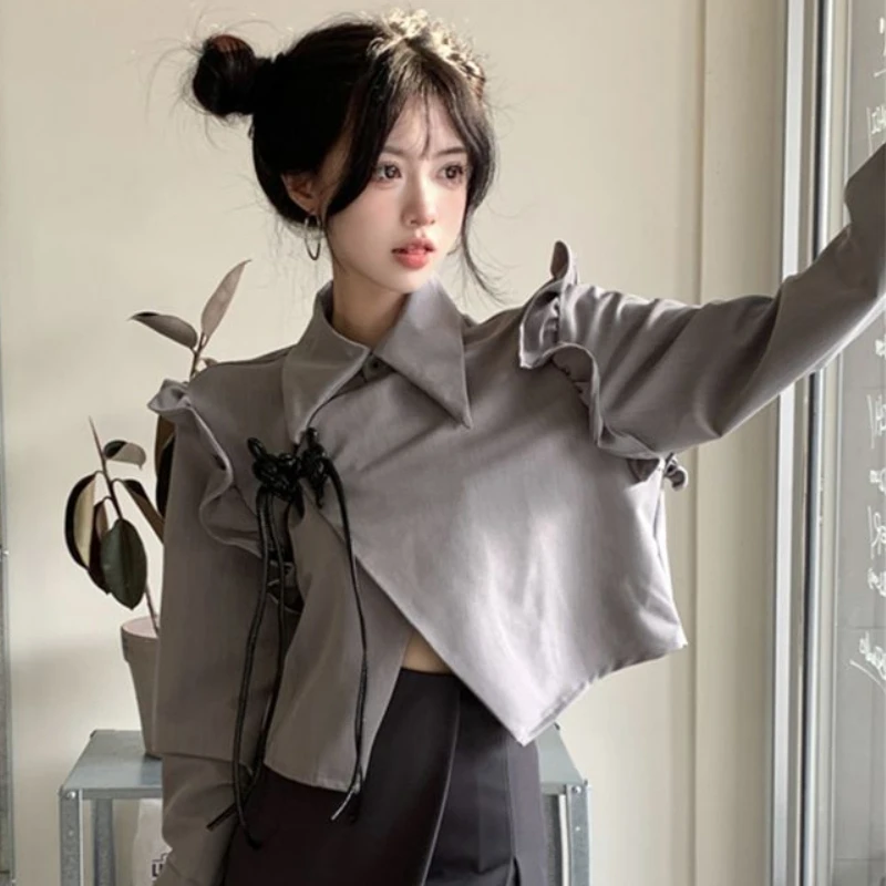 Hotsweet Gray Blazers Women Irregular Ruffles Ins Cropped Outwear Streetwear Chinese Style Simple Fashion Vintage Temperament