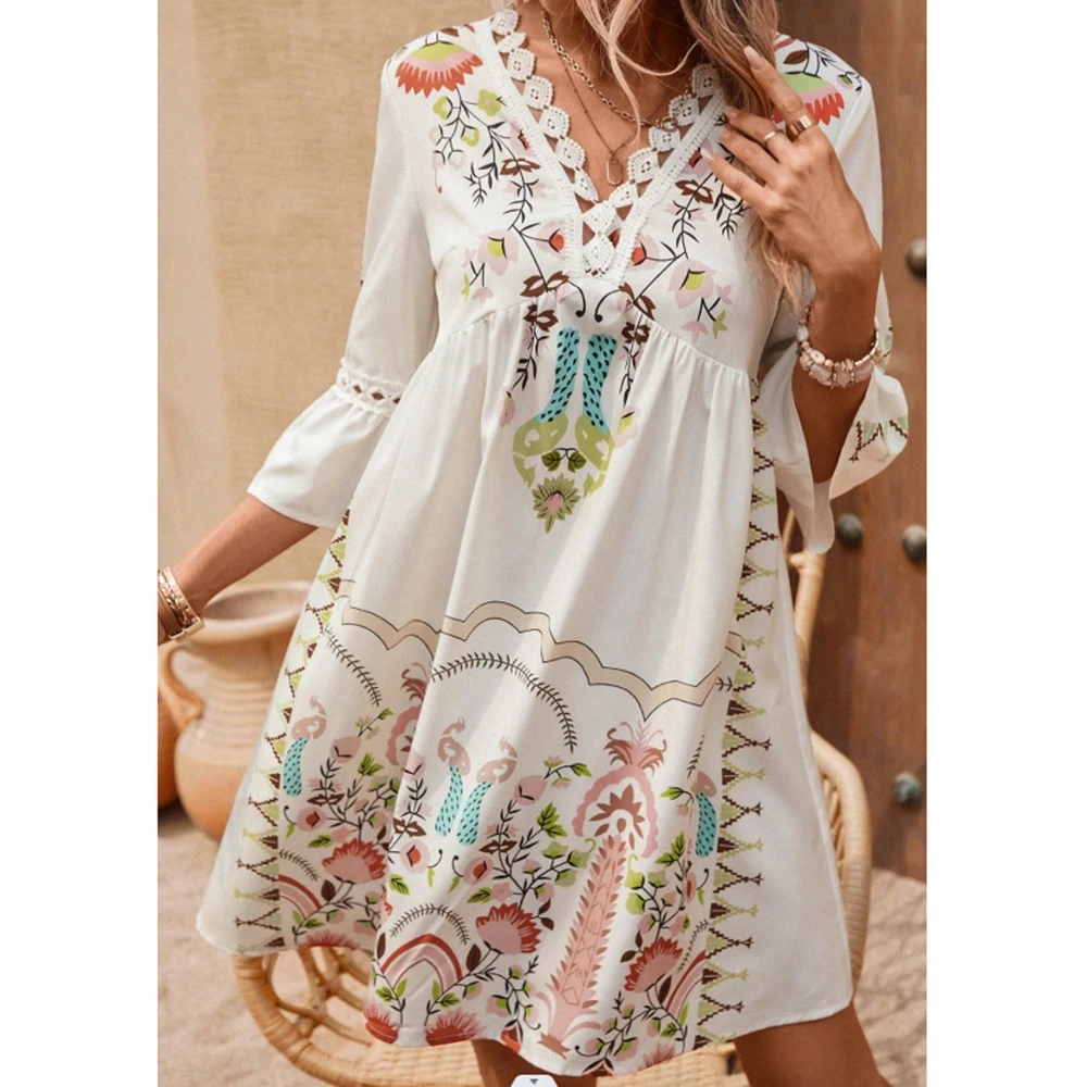 

Women Fashion Floral Print Hollow Out Flare Sleeve Casual Dress Summer V Neck Ruched White Dress Outwear Vestido