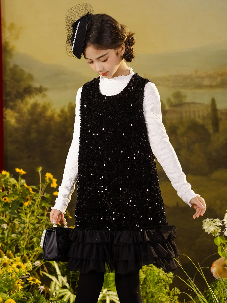 Vêtements d'Automne pour Adolescentes, Robe Noire en Patchwork, à la Mode, Mignonne, pour Bébés Bol, 110cm, 160cm, à Paillettes Brillantes