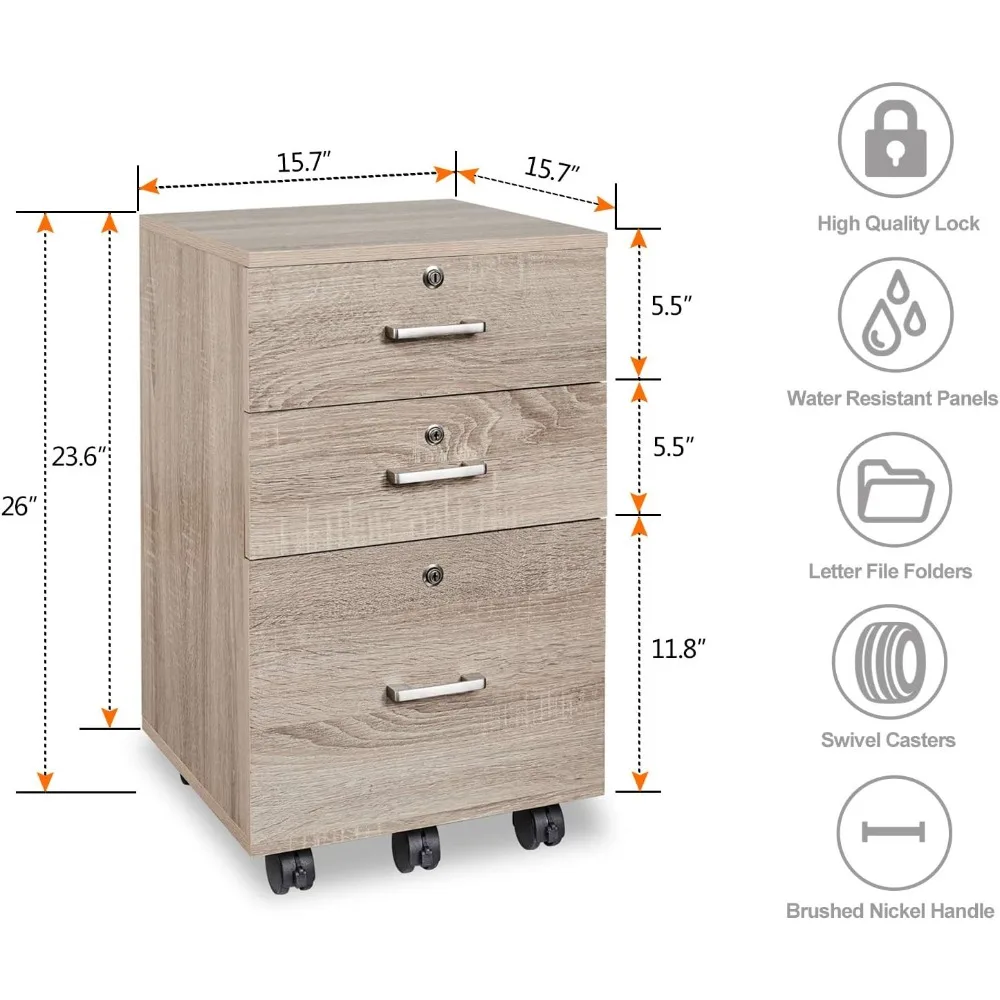 3-Drawer Rolling Lockable File Cabinet, Mobile Wooden Storage for Home Office Desk, Secure Filing Solution