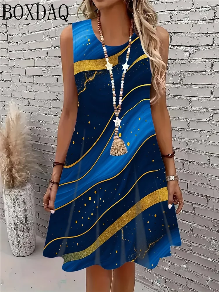 2026 round neck sleeveless marble abstract print loose women's summer party dress
