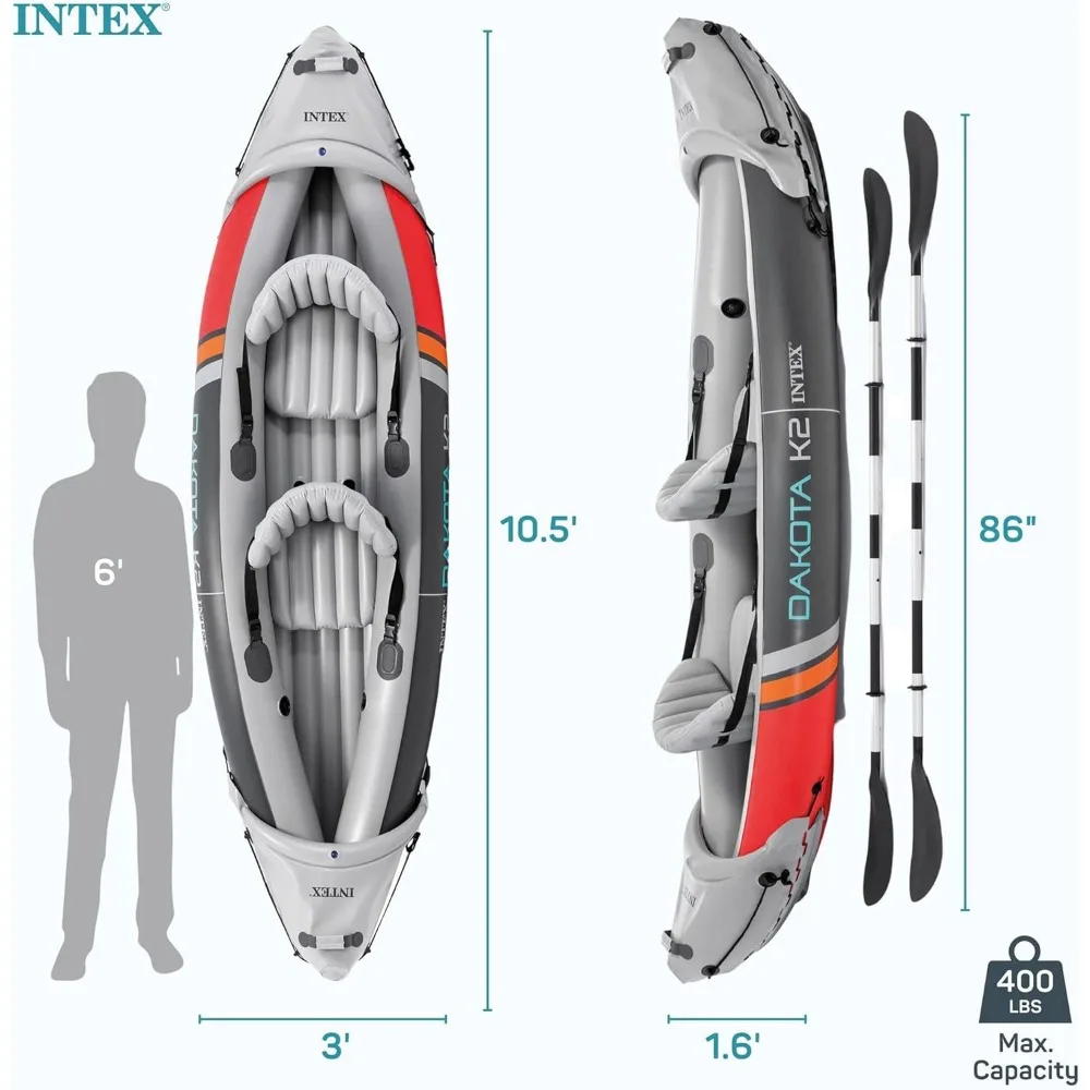 Dakota K2 2 Persoons Opblaasbare Vinyl Kajak En Accessoire Kit Met 86 Inch Roeispanen, Luchtpomp En Draagtas Voor Meren En Rivieren