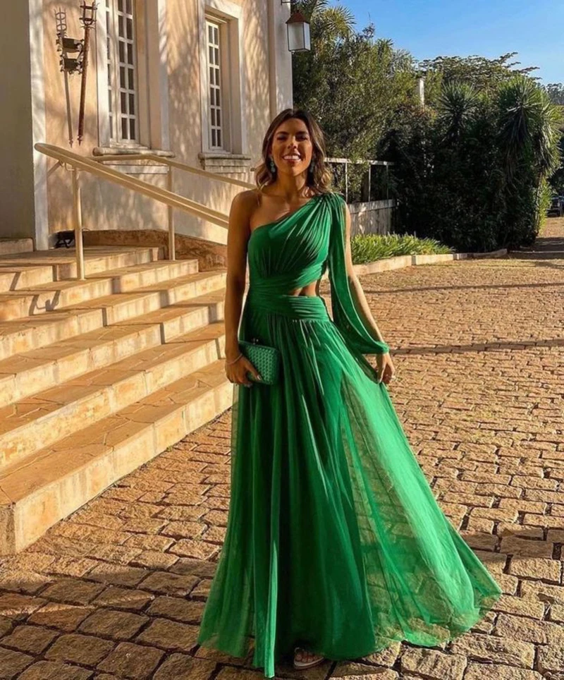 Fashion Green Ribbon Women Party Dress Sexy One Shoulder Hollow Out Evening Dresses Elegant Sleeveless Female Prom Vestidos Robe