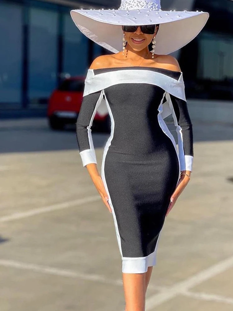 Sexy Black White Patchwork Long Sleeve Slash Neck Mid-Length Bandage Dress Winter Autumn Evening Celebrity Cocktail Party Dress