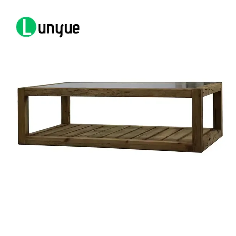 Antique Rustic Recycled Solid Wood Coffee Table with Square Glass Top Rectangular Living Room Furniture Durable Home Decor