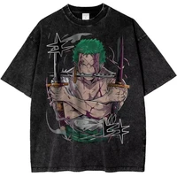 MINISO ONE PIECE Roronoa Zoro camisa Anime Retro camiseta ilustración patrón calle Harajuku verano 2025 nuevo algodón cómodo