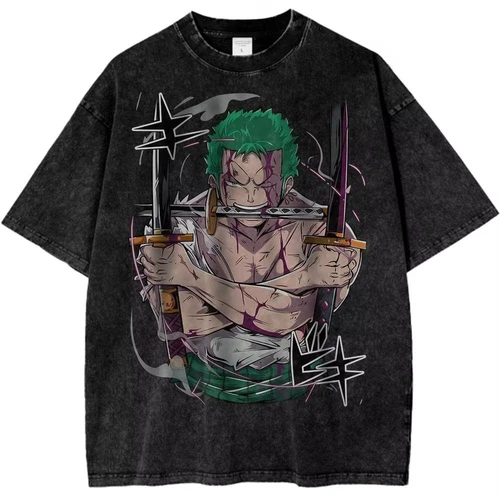 Imagen 1 del producto MINISO ONE PIECE Roronoa Zoro camisa Anime Retro camiseta ilustración patrón calle Harajuku verano 2025 nuevo algodón cómodo