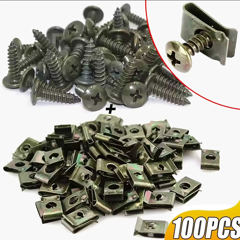 100Pcs-10Pc Mixed Car Metal Screw Tapping Fastener Clip U-Type Clip with Screw Anti-rust Protection Clip Screw Buckle Iron Sheet
