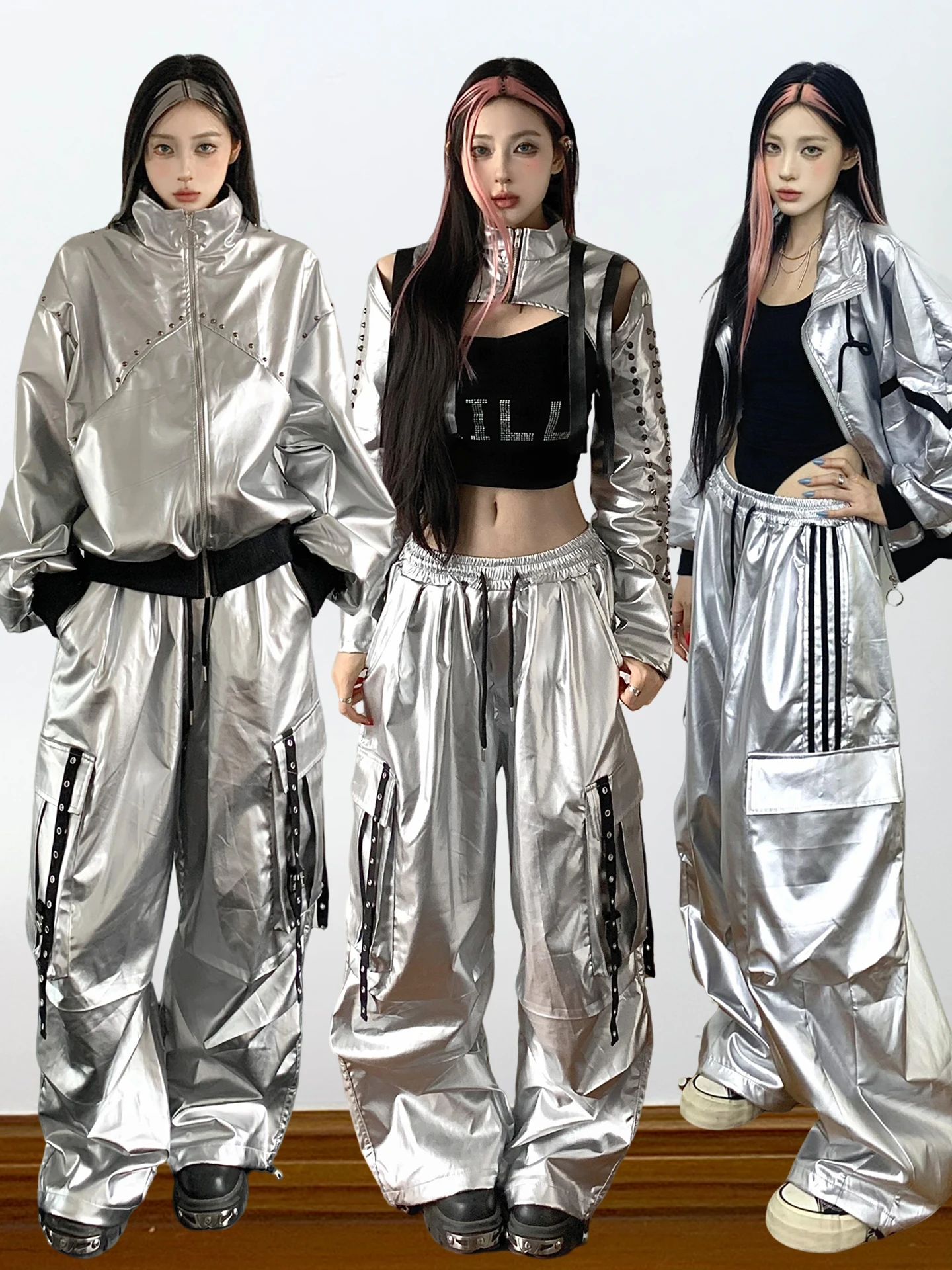Modern Dance Practice Outfit Silver Long Sleeve Short Jacket Work Pants Hip Hop Style Female Fashion Set Daily Performance Co...