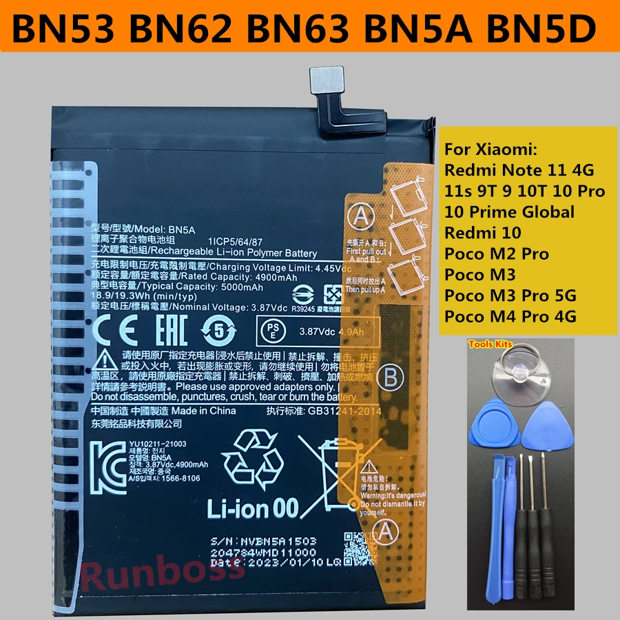 Original BN53 BN62 BN63 BN5A BN5D Battery for Xiaomi Redmi Note 11 11s 9T 9 10T 10 Pro 10 Prime Global Poco M2 M3 M4 Pro 4G 5G