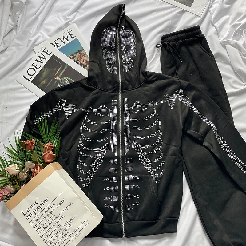 Harajuku Gothic Y2k Rhinestones Skeleton Graphics Cozy Hoodie Long-sleeved Trousers Zipper Men Drawstring Black Sweatshirt Suit