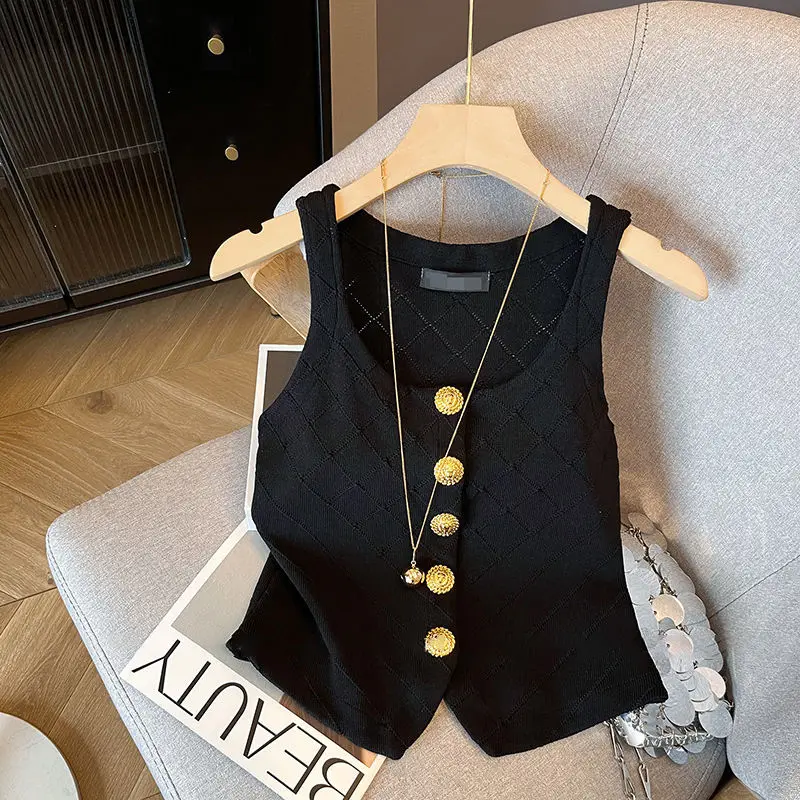 French Style Knitted Suspender Vest for Women in Summer New Slim Fit and Slim Temperament Outside with Sleeveless Short Top