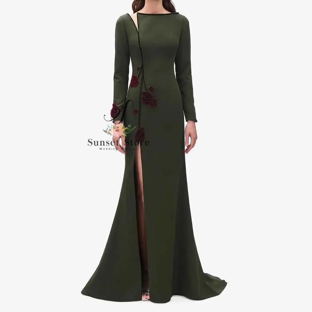 

Customized Evening Dresses Floor-length Boat Neck Full Sleeve Prom Gown Fashion Flowers Simple Draped Casual Party Gown