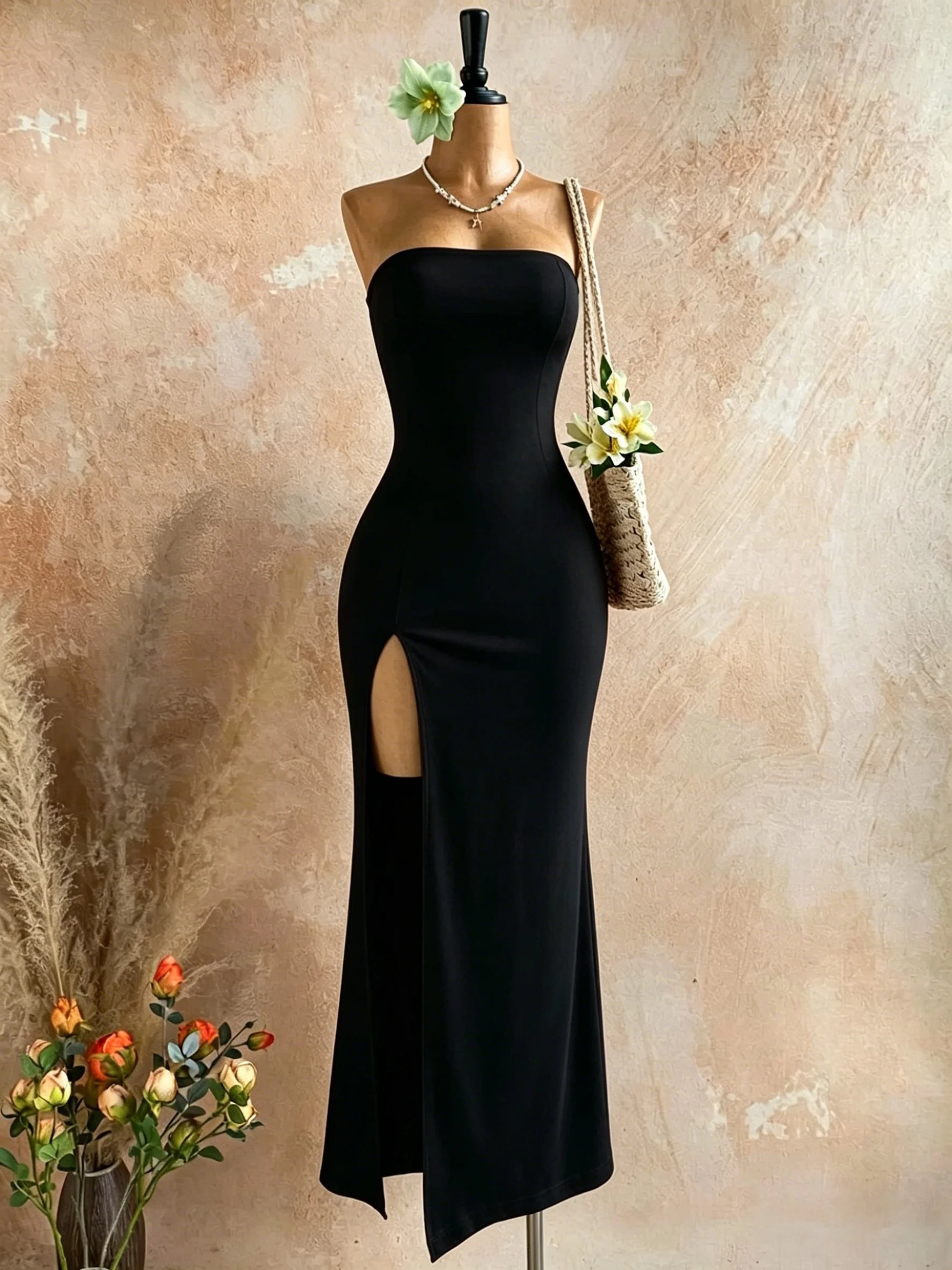 Damen Trägerloses Maxikleid mit Hohem Schlitz, Figurbetontes Sexy Langes Tube-Kleid – Detail 6
