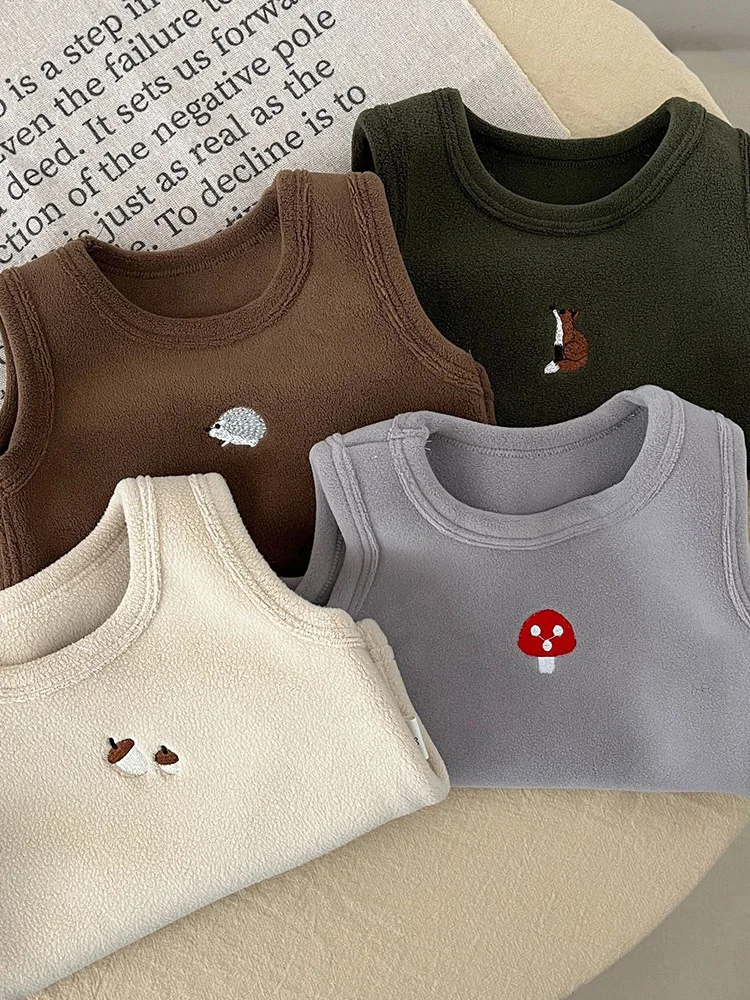 Winter Baby ärmellose warme Weste plus Samt dicke Kinder Cartoon Stickerei Fleece Tops Säugling Junge Mädchen Baumwolle Weste