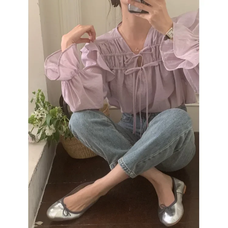 Korobov Vintage Sweet Temperament Shirt Ruffled Edge Lace-up Design Flared Sleeve Blouses Romantic Top Fashion Camisas Y Blusas