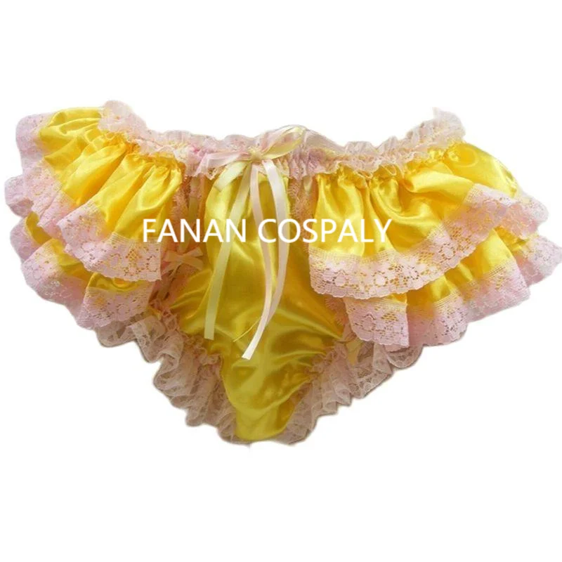 Adult Giant Baby Sexy Girl Yellow Thin Satin Sissy Dress Pink Lace Edge Servant Panties Role Play Customization