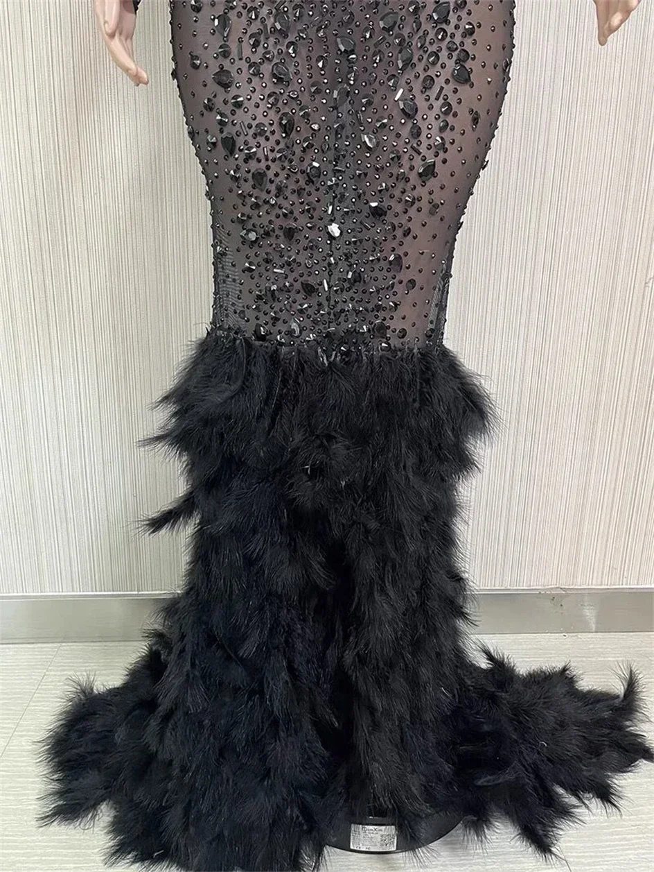 Black Luxury Rhinestones Grand Feather Sexy Sheath Dress Evening Party Performance Costume Bar Nightclub Singer Dancer Stage Wea