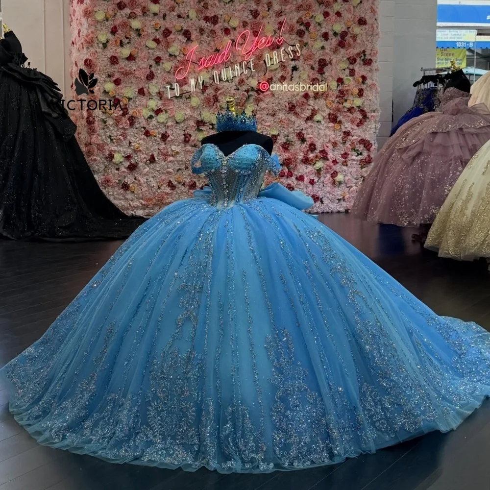 

Dazzling Blue Quinceanera Dresses Beads Ball Gown Applique Off The Shoulder vestidos de 15 años quinceañeras 2027 Customized