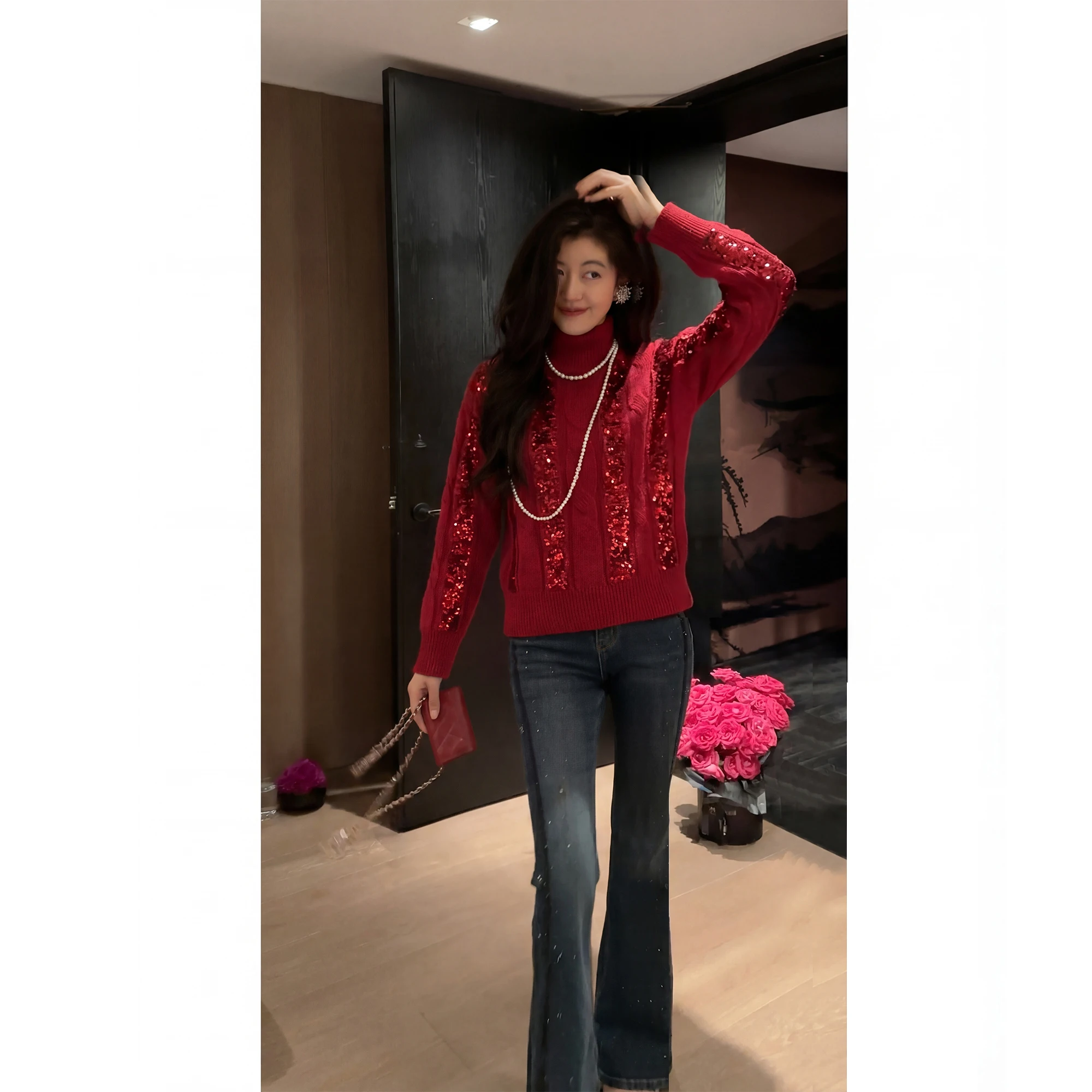 

NCOU Nicole Winter New Faion Design Sparkling Sequin f High Collar ort Knitted Sweater Women's Premium Wool Overhead