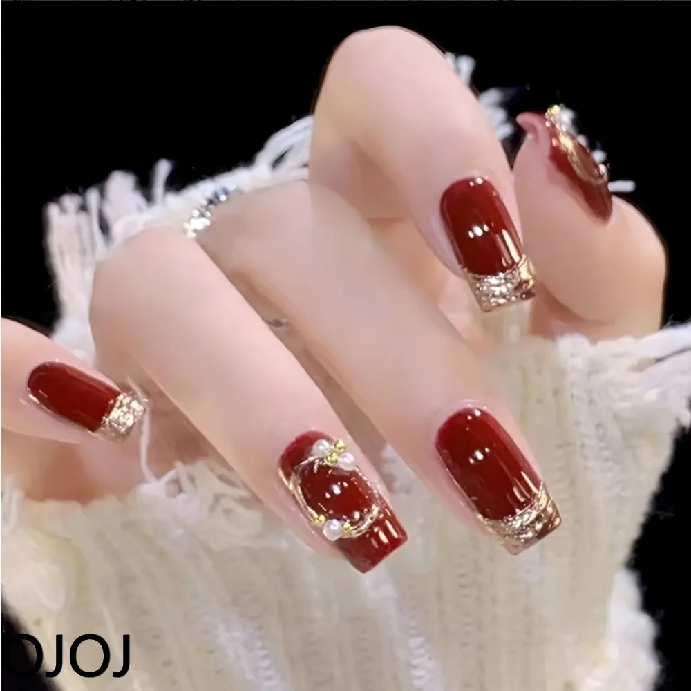 

OJOJ Sweet Wine Red Pearl Butterfly Medium Short Press On Nails Многоразовые накладные ногти Салонное качество Несколько размеров Сильная фиксация