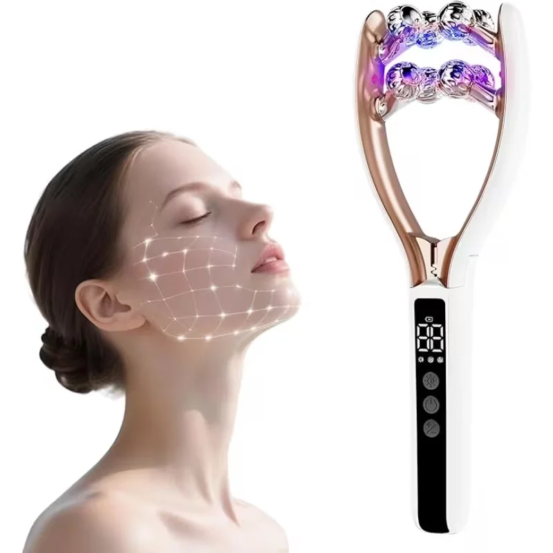 Household Double Roller EMS Microcurrent Beauty Instrument, Red Blue Dual Light V Face Lifting Skin Care Tool