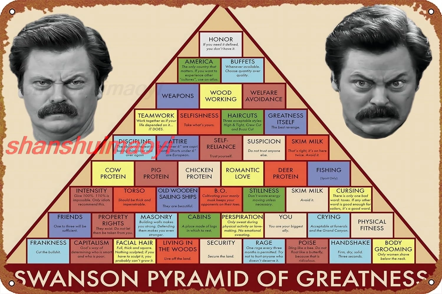 Ron Swanson-Póster de película de programa de televisión Pyramid of Greatness, letrero de Metal Retro, letrero de estaño Vintage para cafetería, Bar, decoración de pared del hogar, 12 letreros sha