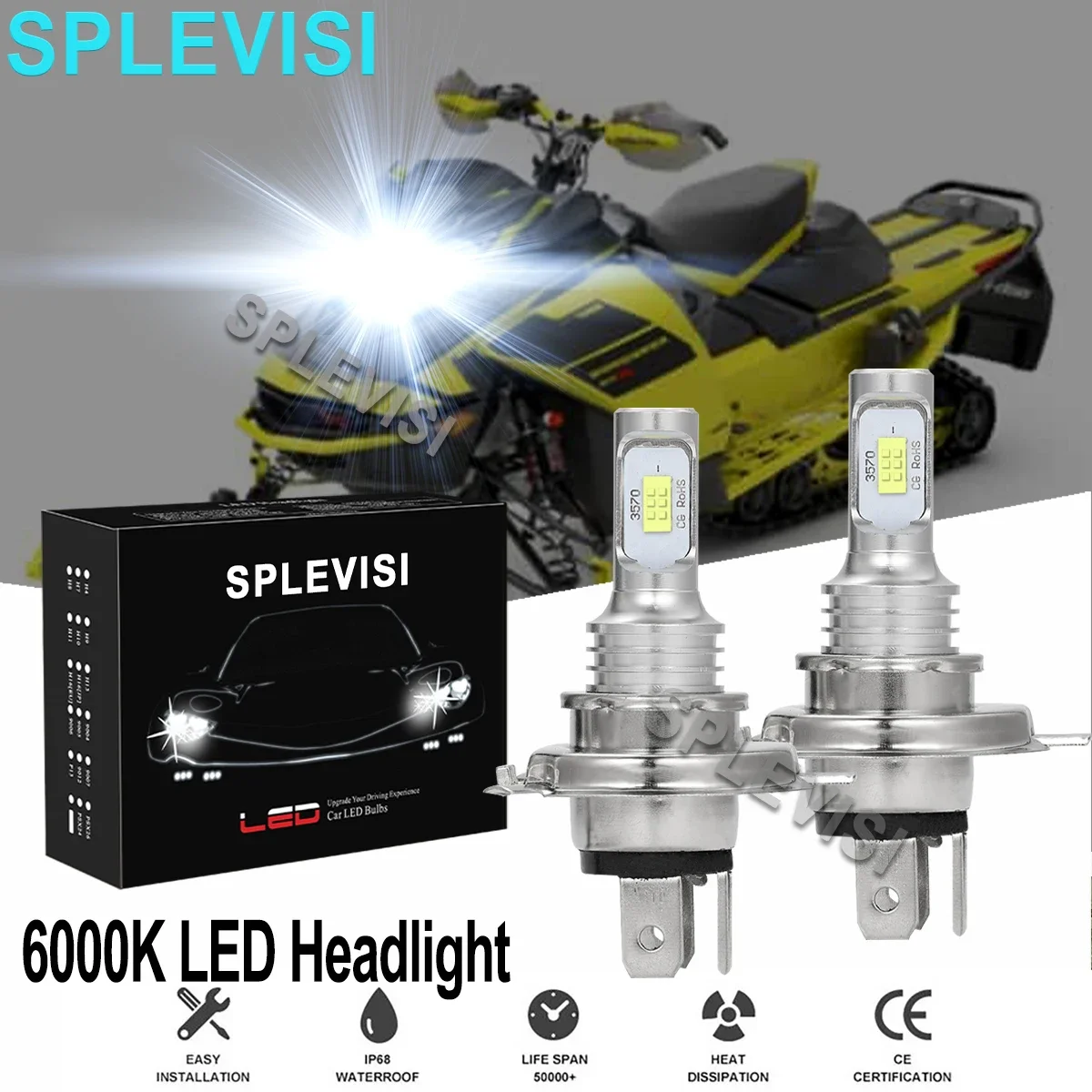 

2x 70W Pure White LED Headlights For Ski-Doo Citation 4500 1980-1983 Blizzard 5500 1979 1980-1981 7500 1979 1980-1981