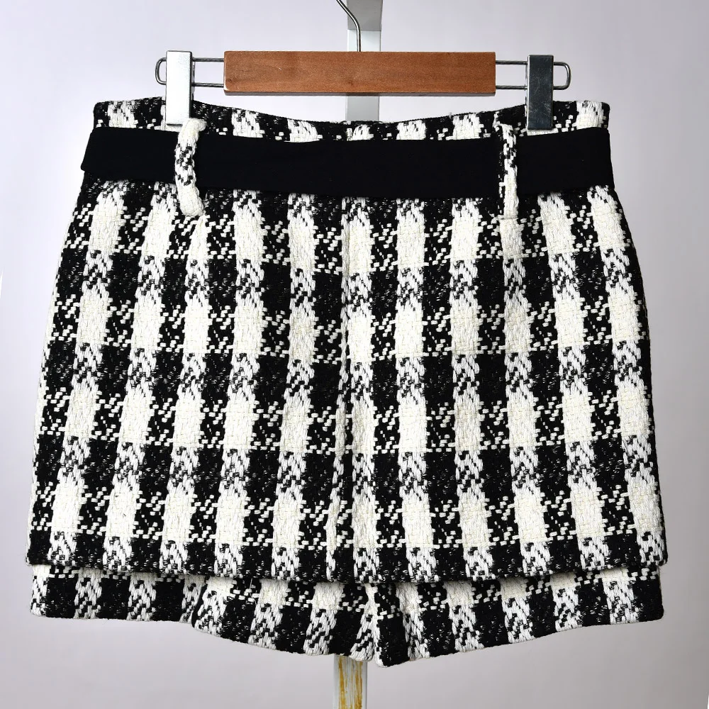 ​ ​ チェック柄ツイードショーツ女性ハイウエスト巾着ウエストエレガントフェミニンモダンクラシック市松模様 ​ ​