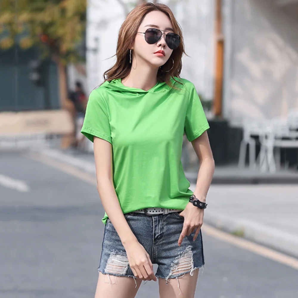 

New Women Hooded T-shirt Summer Fashion Short Sleeve Loose Cotton Hoodies Casual Green Tees Classic Solid Color Basic T-shirt