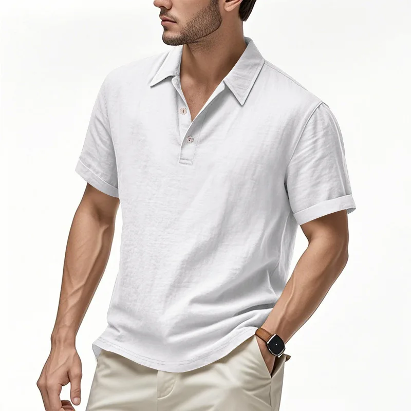 

New Summer Casual Button Loose Linen Lapel POLO Shirt Short Sleeve Shirt Men's
