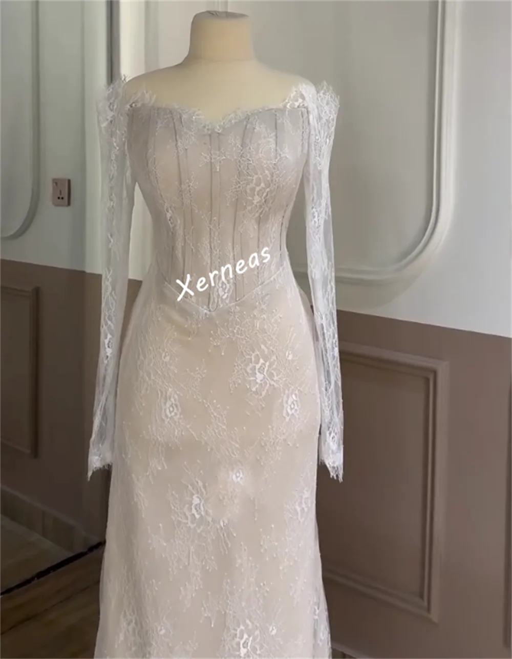 تخصيص جيرسي الدانتيل خارج على الكتف ألف خط فساتين طويلة مناسبة مخصصة امرأة أنيقة حفل زفاف جودة عالية