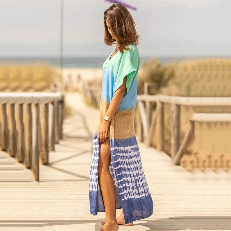 جديد مخطط التعادل صبغ المرأة فستان الشاطئ ثوب السباحة بيكيني التستر الصيف تونك للمرأة بحر رداء دي بلاج قفطان