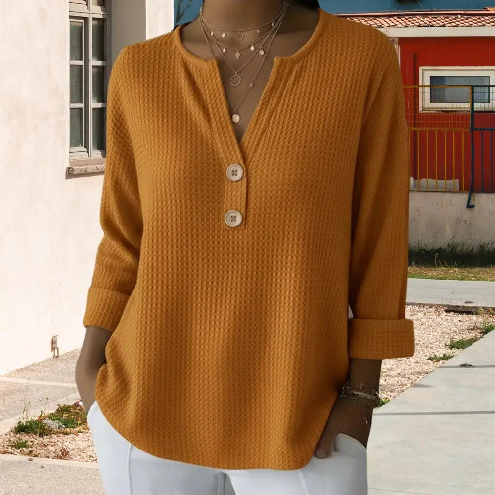 

Women Blouse Tops Waffle Texture V-Neck Buttons Half Placket Long Sleeve Pullover Tops Pure Color Loose Stretchy Blouse Tops